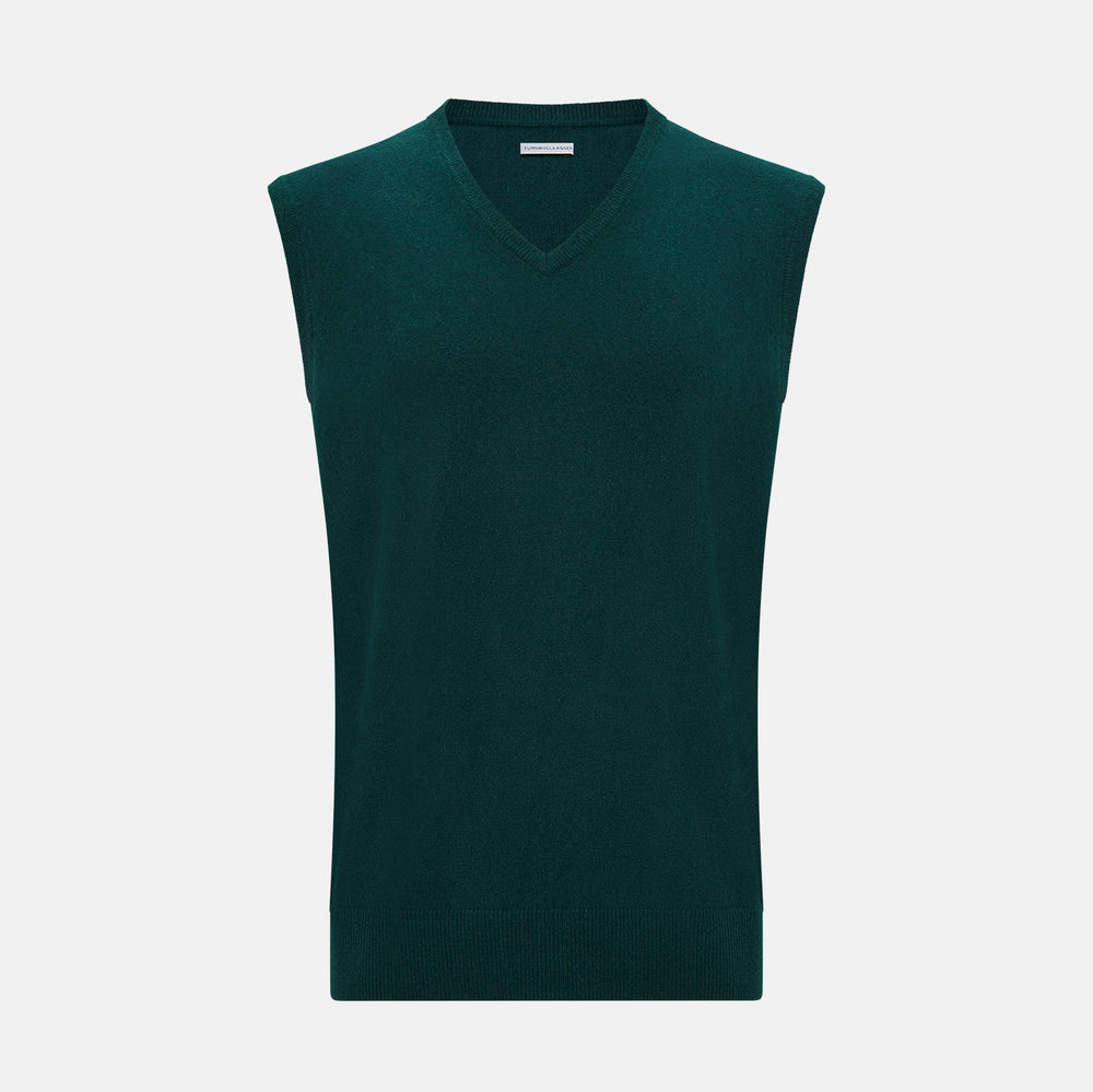 The Turnbull & Asser Moss Green Cashmere V-Neck Vest is a men's sleeveless knit sweater with a classic silhouette, shown against a plain white background.