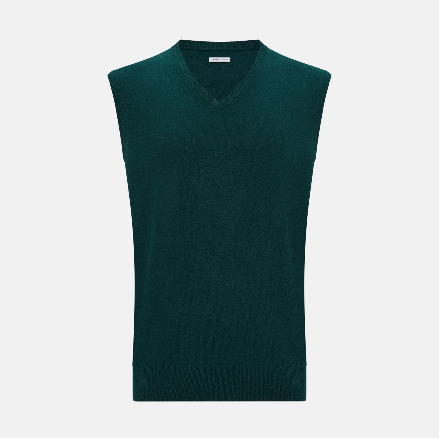 View 1 of product The Turnbull & Asser Moss Green Cashmere V-Neck Vest is a men's sleeveless knit sweater with a classic silhouette, shown against a plain white background.