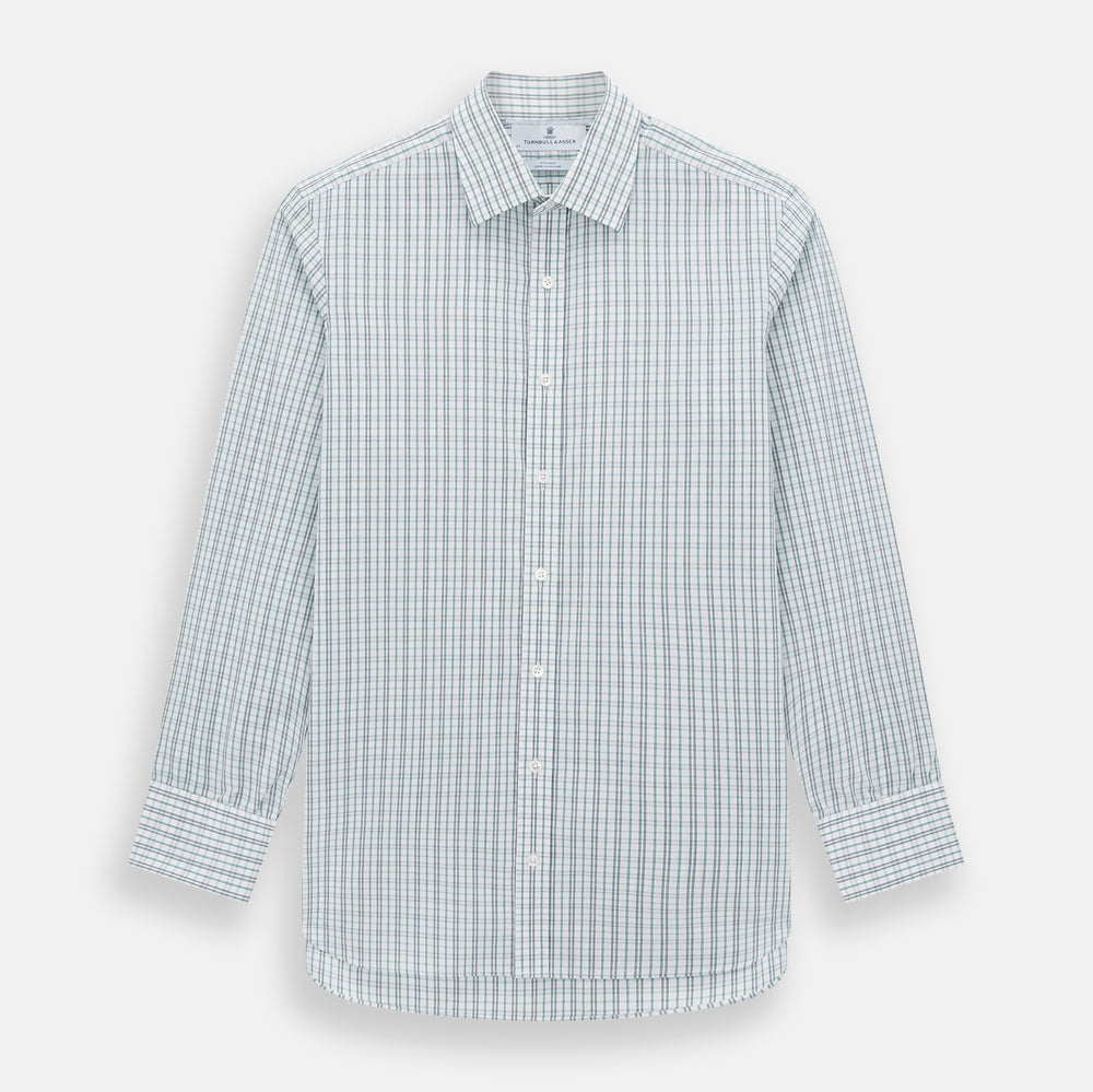 The Turnbull & Asser Sage Green Multi Check Mayfair Shirt is a long-sleeved, button-up shirt with a spread collar, crafted from premium Italian cotton and displayed on a white background.