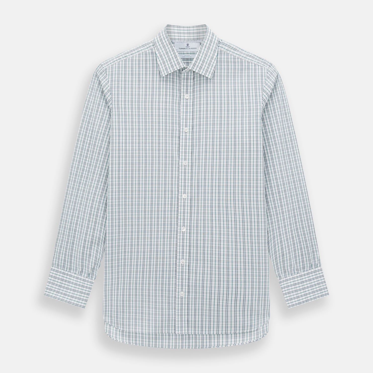 View 1 of product The Turnbull & Asser Sage Green Multi Check Mayfair Shirt is a long-sleeved, button-up shirt with a spread collar, crafted from premium Italian cotton and displayed on a white background.