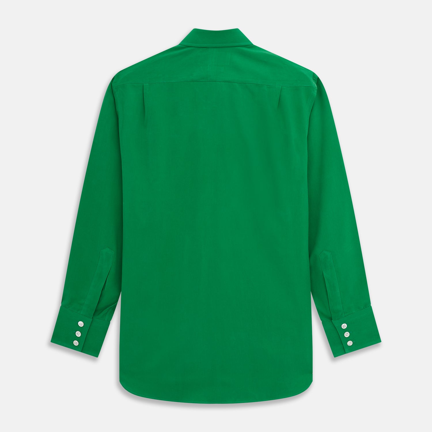 View 5 of product The Green Sandwashed Silk Regular Fit Mayfair Shirt by Turnbull & Asser, featuring long sleeves, a T&A collar, and white buttons, is displayed flat on a white background.