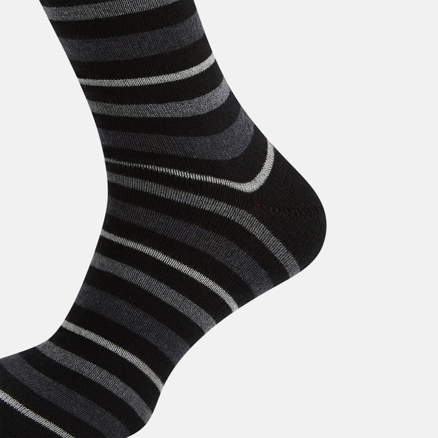 View 4 of product The Turnbull & Asser Chocolate Melange Striped Merino Wool Long Sock features black, dark gray, and light gray horizontal stripes and is displayed individually on a white background.