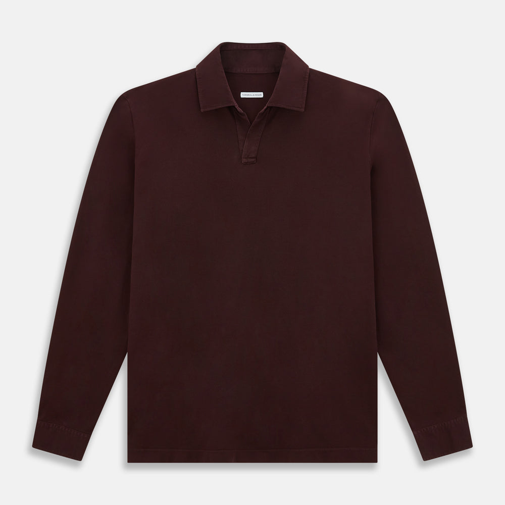 The Turnbull & Asser Burgundy Rugby Polo Shirt is a long-sleeve, pure cotton collared top with no visible buttons, shown laid flat on a white background.