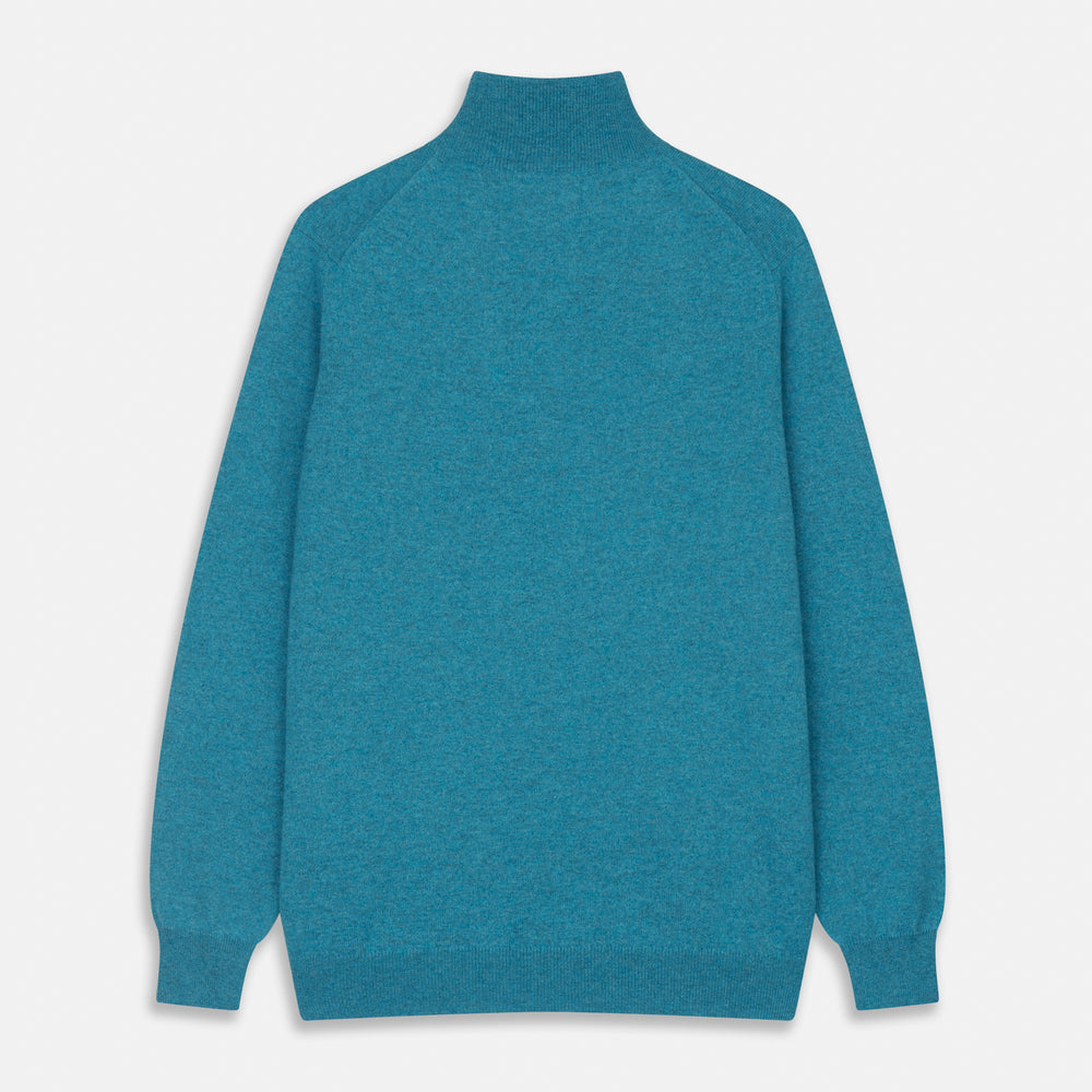 The Teal Lennox Half-Zip Jumper by Turnbull & Asser features a quarter-zip front, long sleeves, high collar, and ribbed cuffs and hem, shown laid flat on a light background.