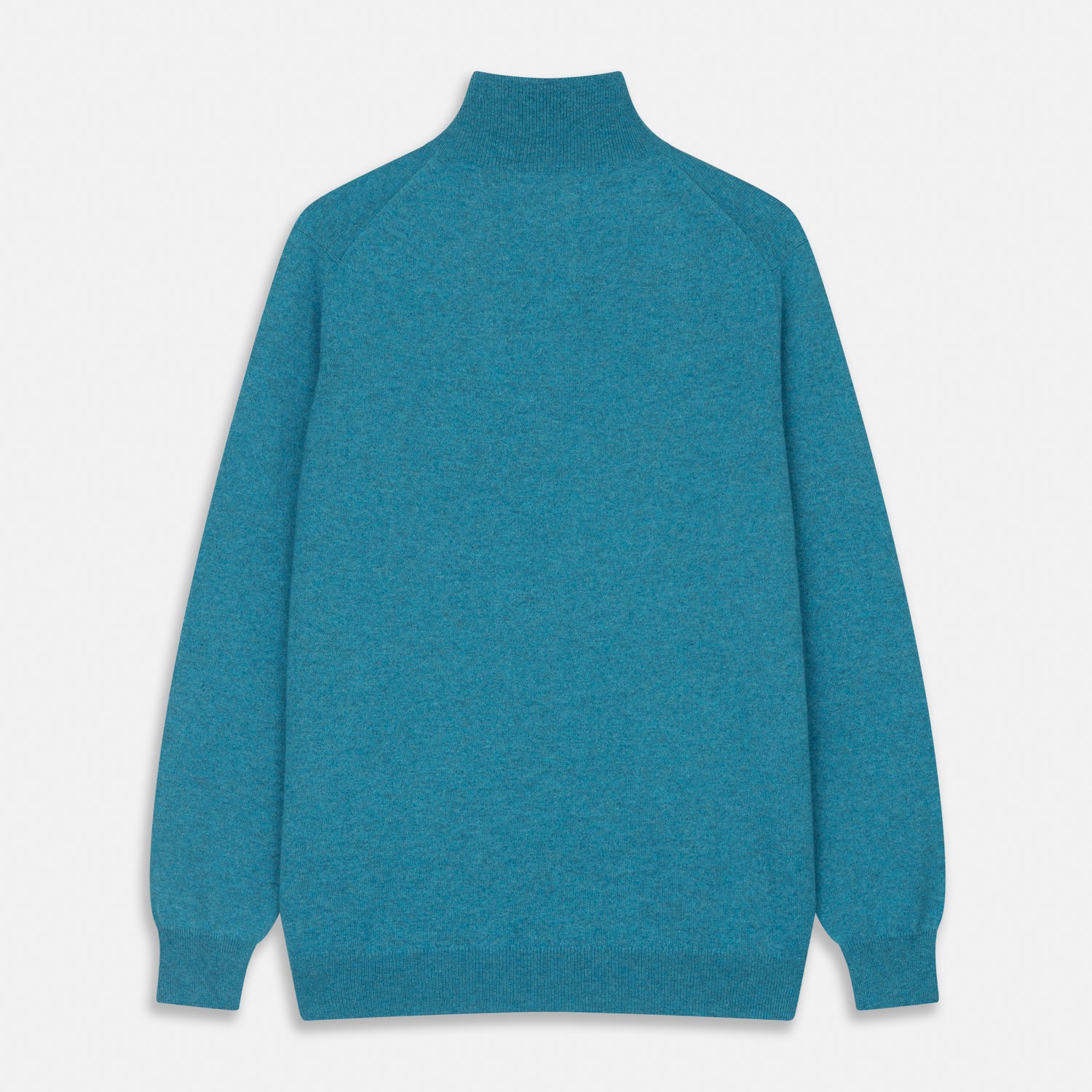 View 3 of product The Teal Lennox Half-Zip Jumper by Turnbull & Asser features a quarter-zip front, long sleeves, high collar, and ribbed cuffs and hem, shown laid flat on a light background.