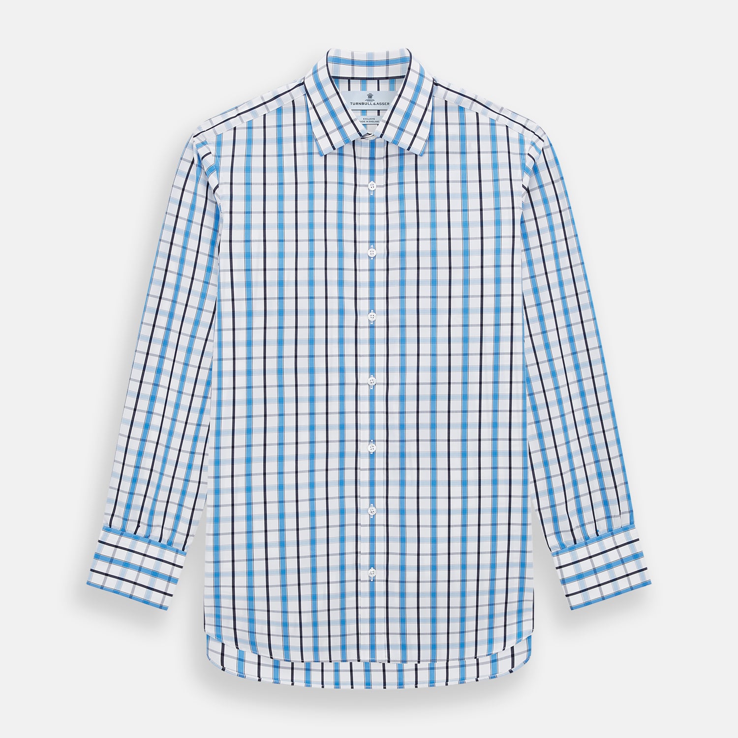 View 1 of product The Turnbull & Asser Blue and Navy Combination Check Mayfair Shirt features a classic button-up style with long sleeves, T&A collar, and a blue, navy, and white check pattern, shown against a plain white background.