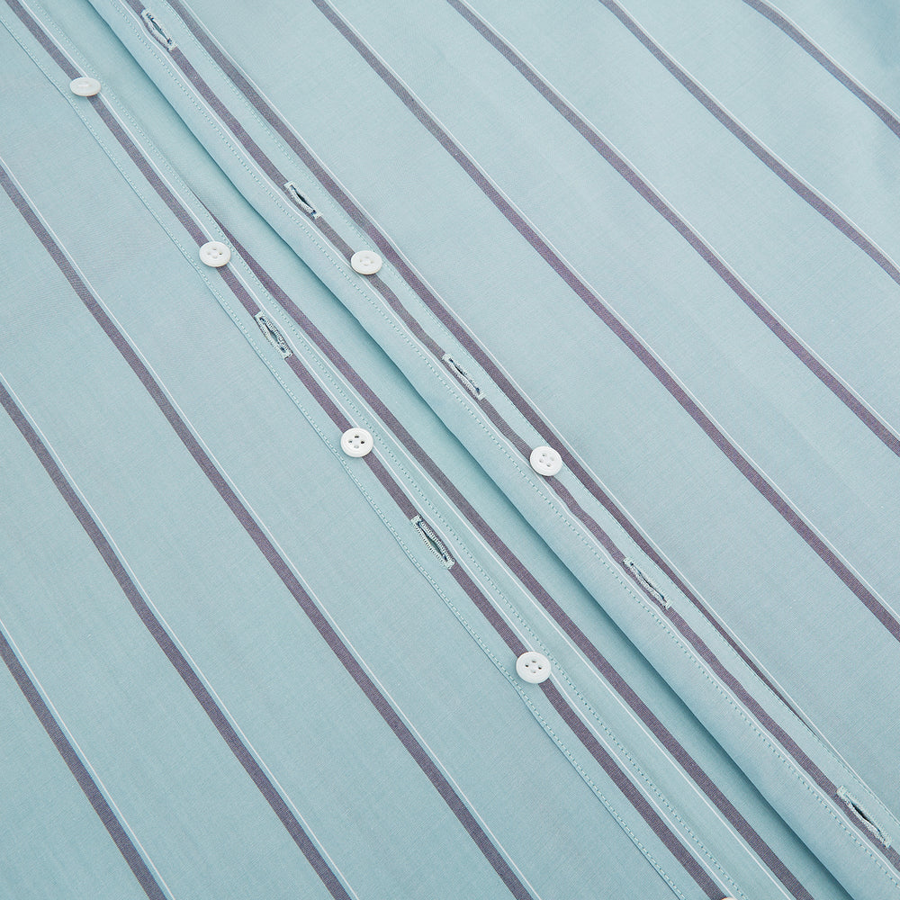 The Light Sage Track Stripe Westminster Shirt by Turnbull & Asser features a Turnbull collar, long sleeves, and vertical track stripes, shown on a white background.