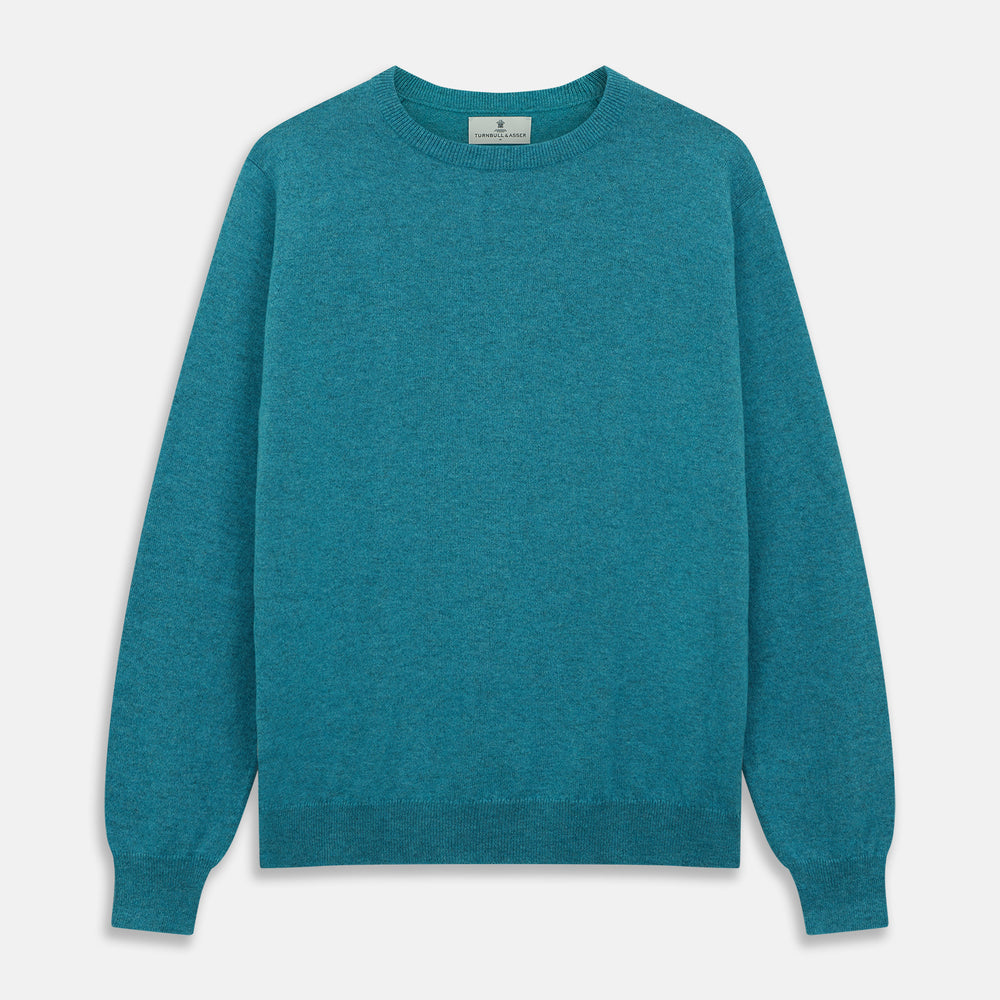 The Teal Glenn Crew Neck Jumper by Turnbull & Asser is shown against a white background, featuring a classic long-sleeve design with ribbed cuffs, collar, and hem.
