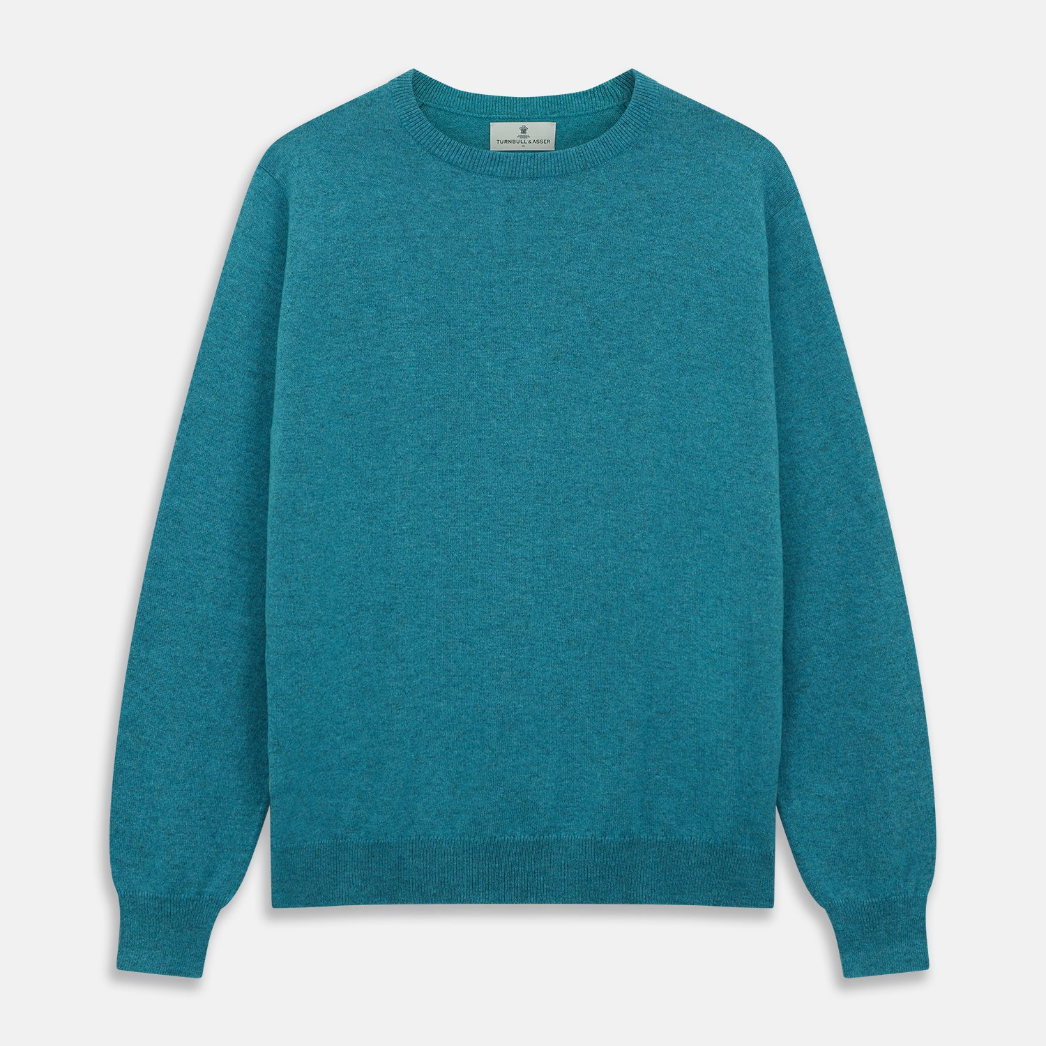 View 1 of product The Teal Glenn Crew Neck Jumper by Turnbull & Asser is shown against a white background, featuring a classic long-sleeve design with ribbed cuffs, collar, and hem.