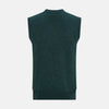 View 3 of product The Turnbull & Asser Forest Green Melange Cashmere Sleeveless Cardigan features a button-up front, two pockets, ribbed hem, and round neckline, shown on a white background.