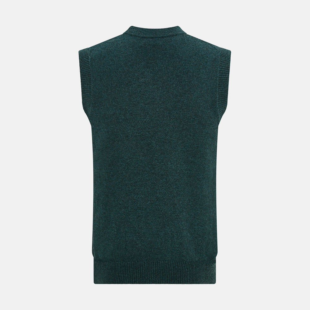 The Turnbull & Asser Forest Green Melange Cashmere Sleeveless Cardigan features a button-up front, two pockets, ribbed hem, and round neckline, shown on a white background.