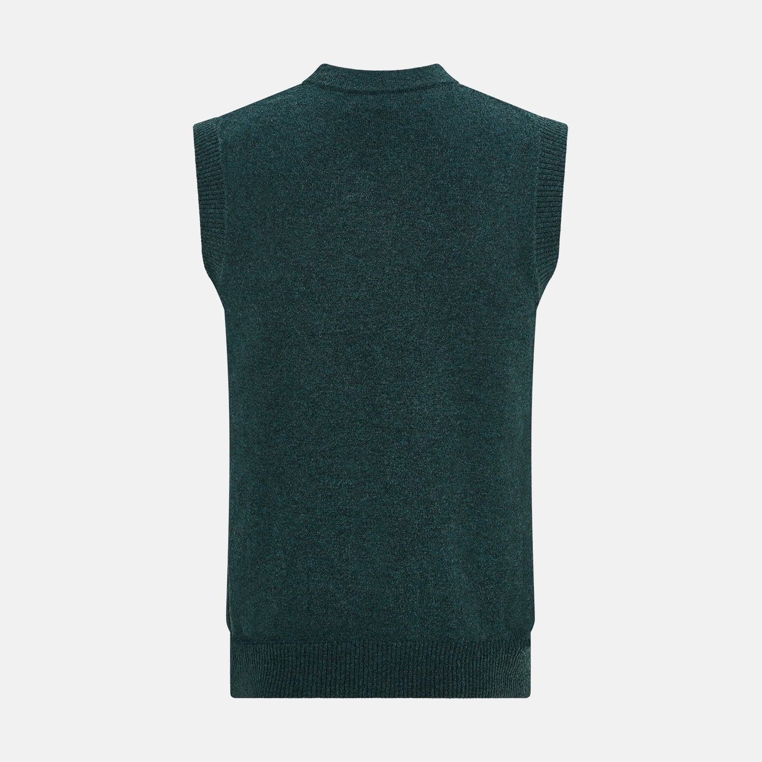 View 3 of product The Turnbull & Asser Forest Green Melange Cashmere Sleeveless Cardigan features a button-up front, two pockets, ribbed hem, and round neckline, shown on a white background.