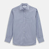 View 1 of product The Turnbull & Asser Pale Blue and White Pinstripe Cotton Blend Weekend Fit Finch Shirt features long sleeves, a chest pocket, and white buttons—ideal for classic, casual style. Shown laid flat on a white background.