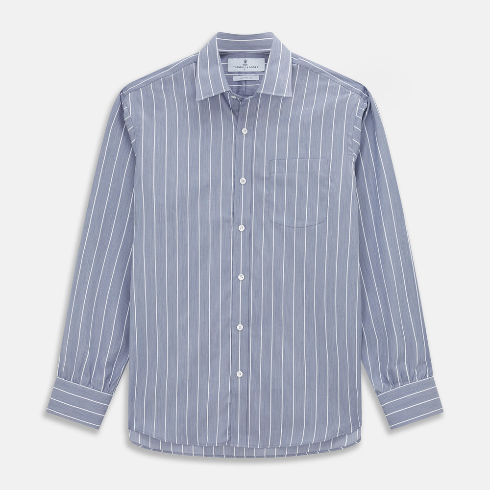 The Turnbull & Asser Pale Blue and White Pinstripe Cotton Blend Weekend Fit Finch Shirt features long sleeves, a chest pocket, and white buttons—ideal for classic, casual style. Shown laid flat on a white background.
