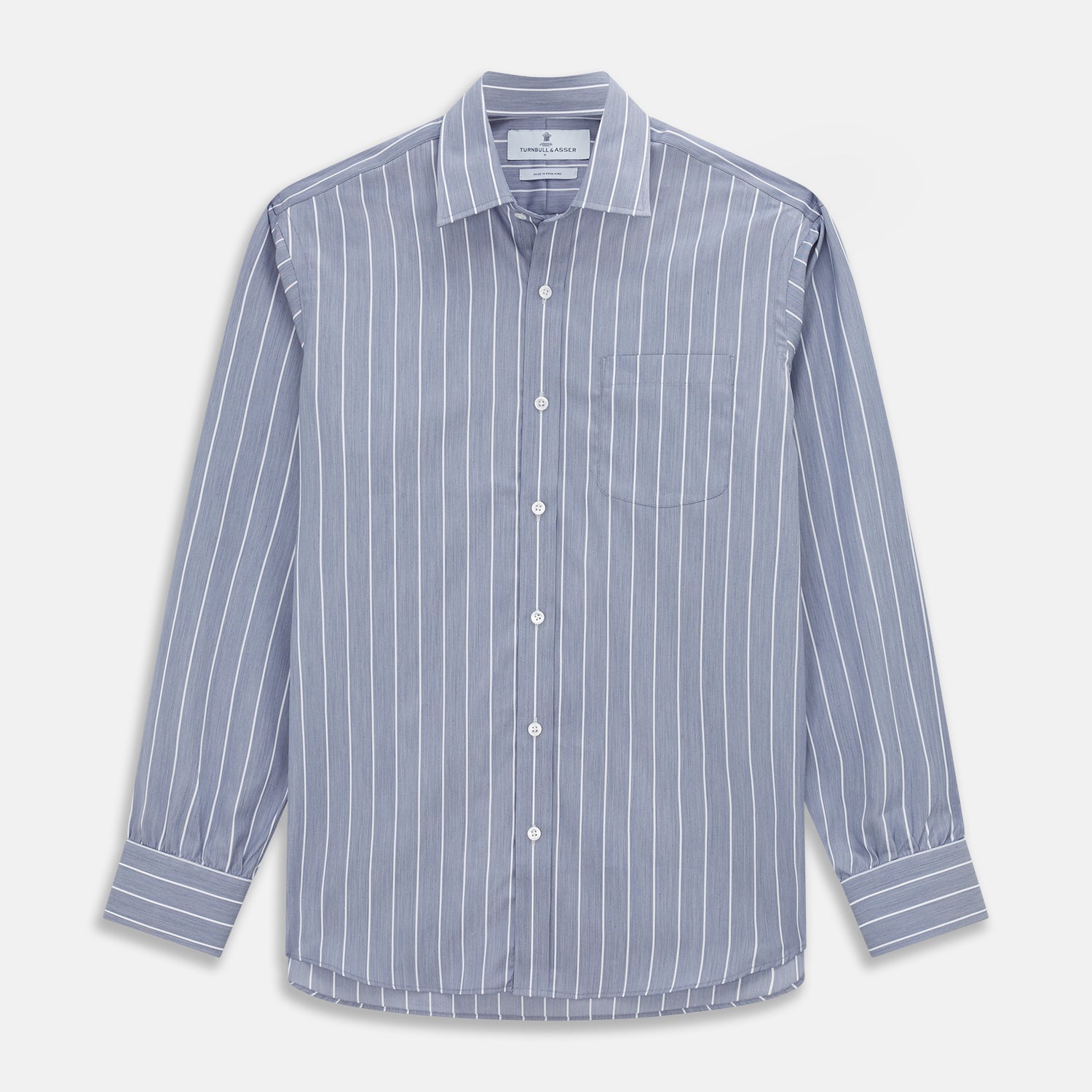 View 1 of product The Turnbull & Asser Pale Blue and White Pinstripe Cotton Blend Weekend Fit Finch Shirt features long sleeves, a chest pocket, and white buttons—ideal for classic, casual style. Shown laid flat on a white background.