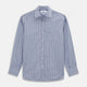 The Turnbull & Asser Pale Blue and White Pinstripe Cotton Blend Weekend Fit Finch Shirt features long sleeves, a chest pocket, and white buttons—ideal for classic, casual style. Shown laid flat on a white background.