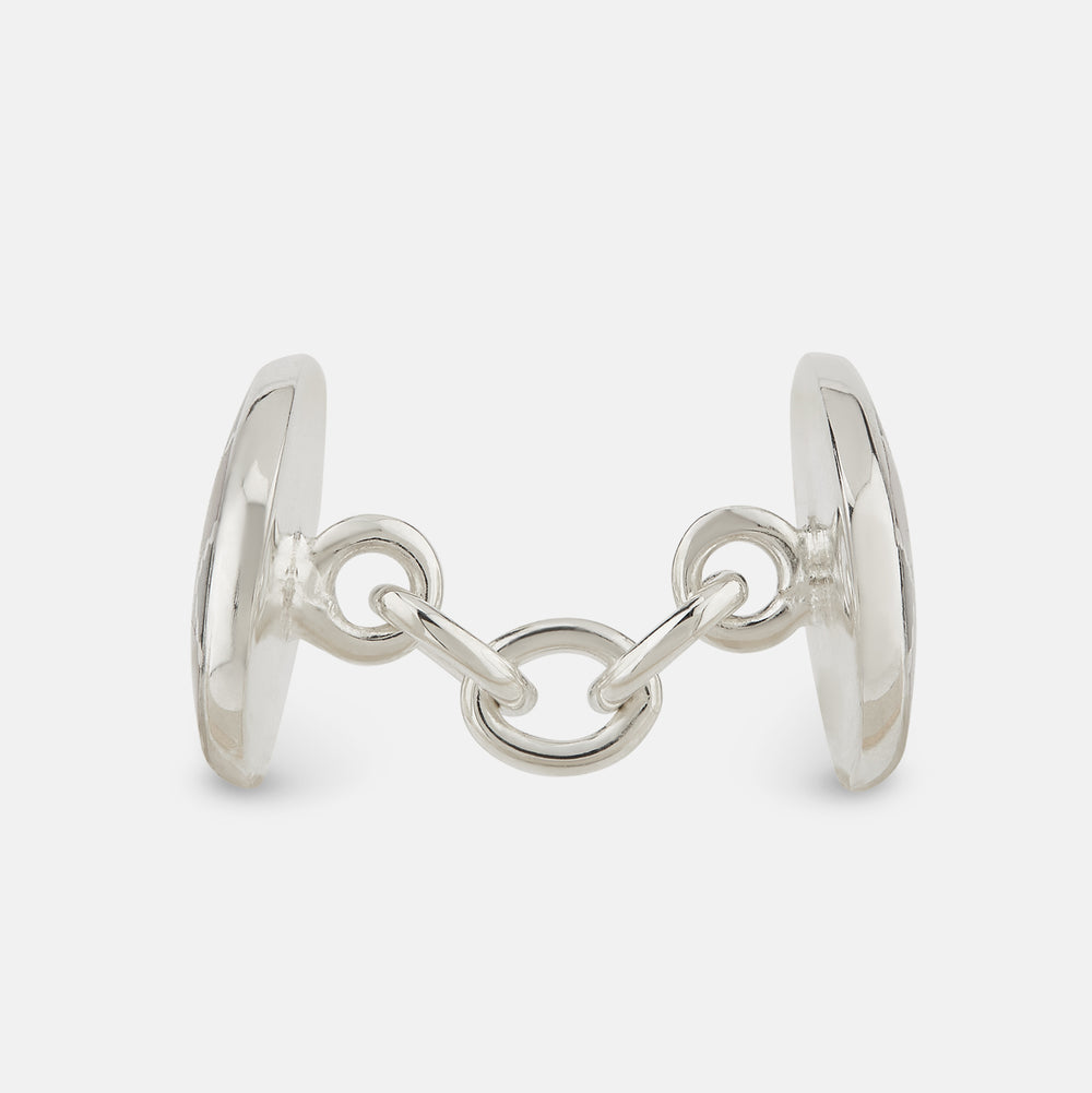 Turnbull & Asser’s Forest Green and Burgundy Checkered Oval Enamel Chain Cufflinks showcase masculine elegance with their sophisticated pattern and refined silver finish.