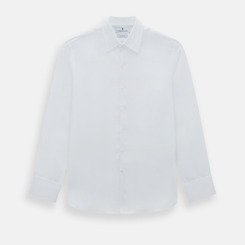 The White Linen Westminster Shirt by Turnbull & Asser features a classic Turnbull collar and button-down front, highlighting British craftsmanship against a plain white background.