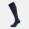 View 1 of product Turnbull & Asser Navy Striped Merino Wool Long Socks, knee-high and over the calf, feature horizontal blue and black stripes and are shown on a plain white background.