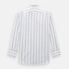 View 3 of product The Turnbull & Asser Wine Track Stripe Mayfair Shirt is a white long-sleeve shirt with vertical wine stripes and a pointed collar, crafted from premium Italian cotton and shown flat against a plain background.