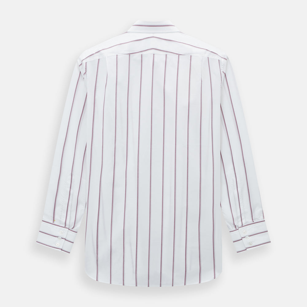 The Turnbull & Asser Wine Track Stripe Mayfair Shirt is a white long-sleeve shirt with vertical wine stripes and a pointed collar, crafted from premium Italian cotton and shown flat against a plain background.