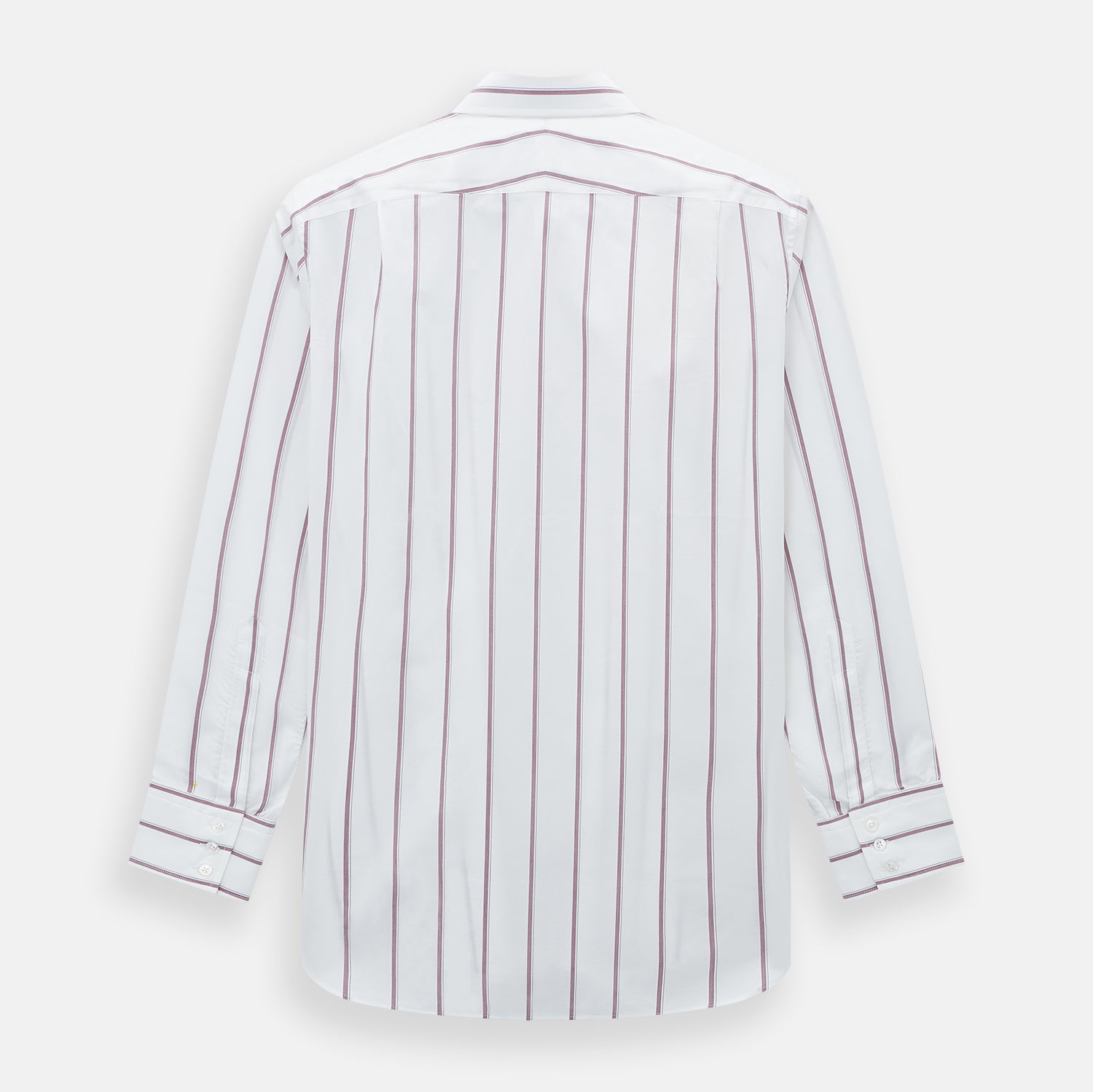 View 3 of product The Turnbull & Asser Wine Track Stripe Mayfair Shirt is a white long-sleeve shirt with vertical wine stripes and a pointed collar, crafted from premium Italian cotton and shown flat against a plain background.