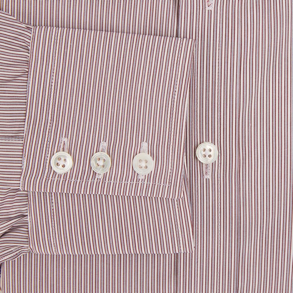 A Red and Pink Ticking Stripe Mayfair Shirt by Turnbull & Asser, featuring a classic T&A collar, buttoned cuffs, and subtle vertical pinstripes, shown on a white background.