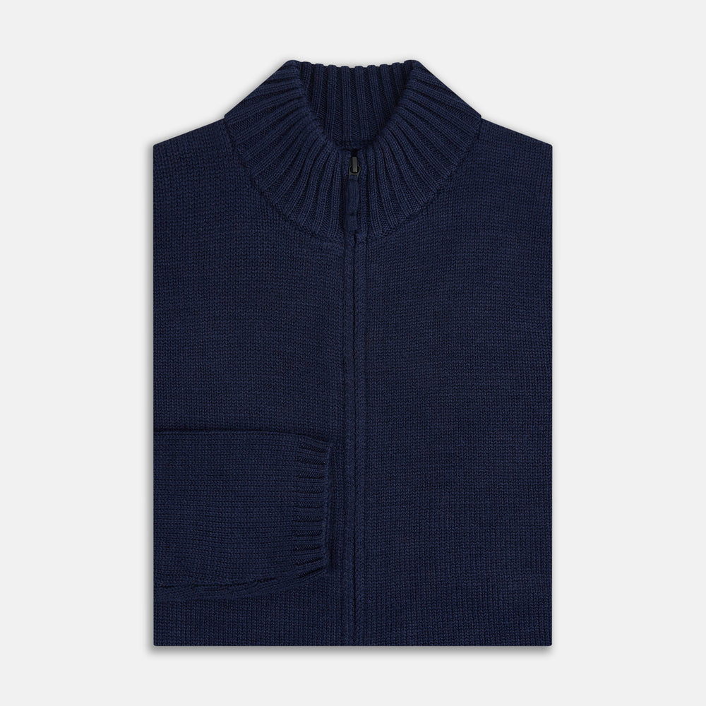 The Turnbull & Asser Navy High Neck Merino Zipped Cardigan is a long-sleeve knit with ribbed mock neck, cuffs, and hem, shown on a plain white background.