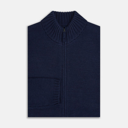 Navy High Neck Merino Zipped Cardigan Image 3