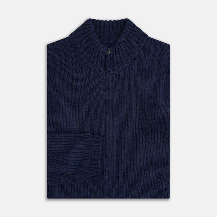 Navy High Neck Merino Zipped Cardigan Image 3