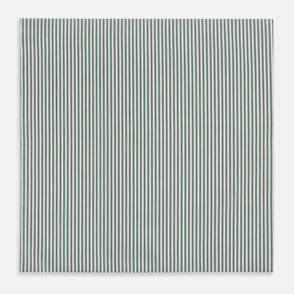 The Turnbull & Asser Melon Green Halo Stripe Hand-Rolled Handkerchief is a rectangular white cloth with evenly spaced vertical melon green stripes and hand-rolled edges, shown flat on a white background.