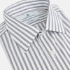 View 2 of product The Purple Multi Stripe Mayfair Shirt from Turnbull & Asser is a pure cotton, collared long-sleeve shirt with white and gray vertical stripes and buttoned cuffs, displayed flat on a white background.