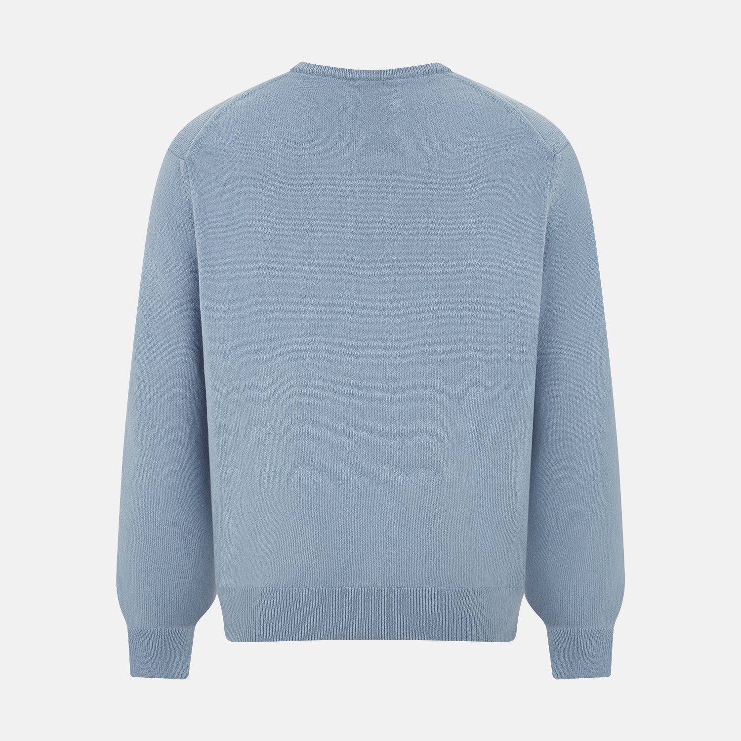View 3 of product The Turnbull & Asser Frost Blue Cashmere V-Neck Jumper features ribbed cuffs, hem, and neckline. This elegant long sleeve knitwear piece is shown on a plain white background.