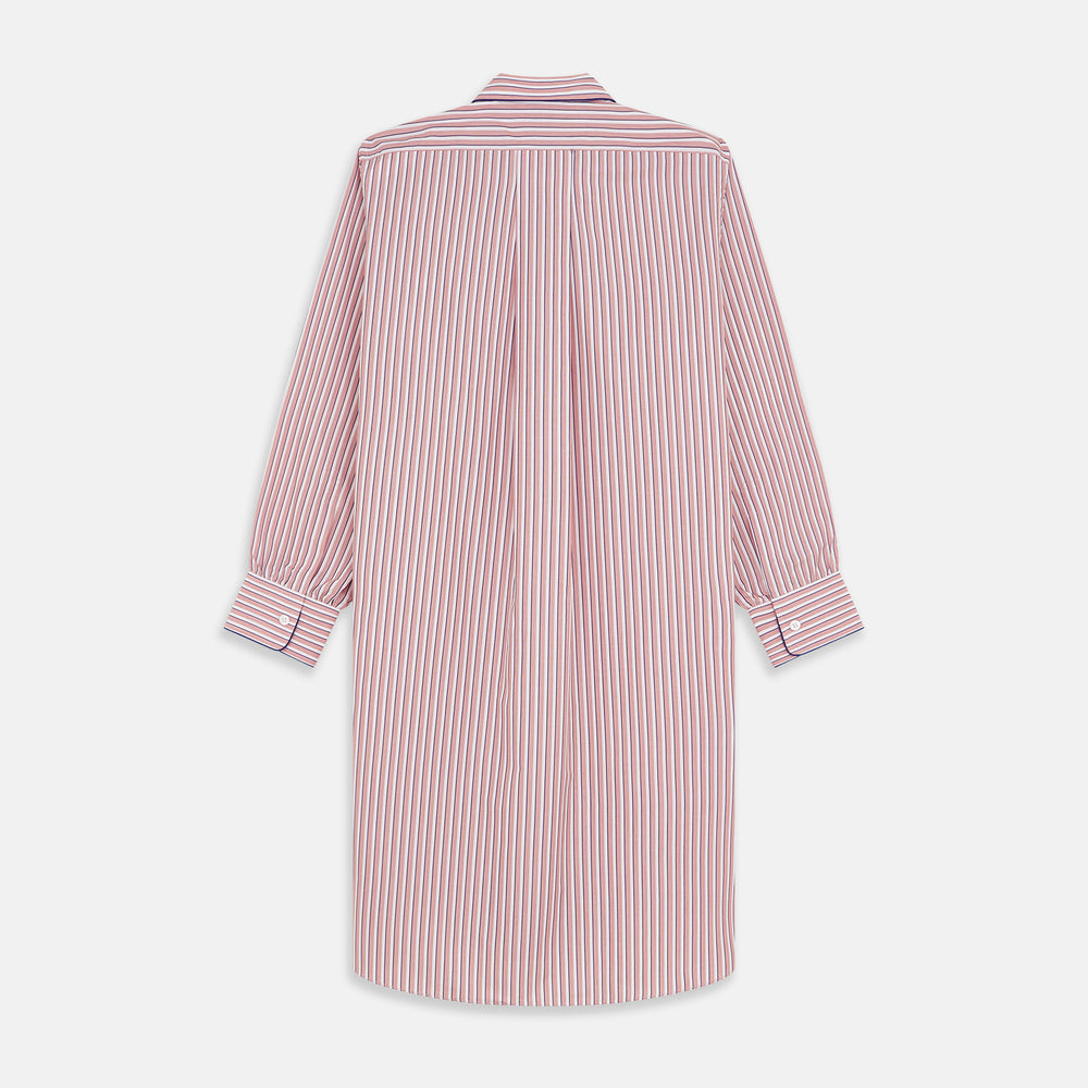 The Orange Multi Stripe Cotton Sussex Nightshirt by Turnbull & Asser features a classic collar, red and white vertical stripes, a chest pocket with blue trim, button-down front, and curved hem—a luxe take on the traditional nightshirt.