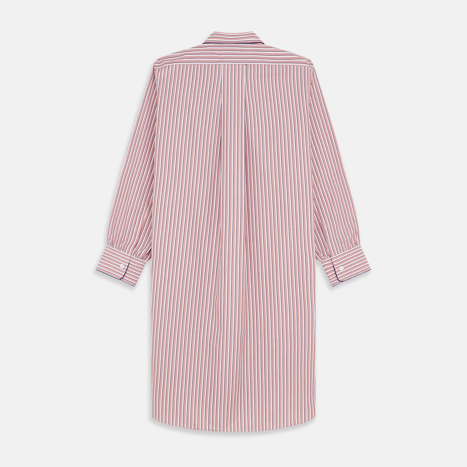 View 3 of product The Orange Multi Stripe Cotton Sussex Nightshirt by Turnbull & Asser features a classic collar, red and white vertical stripes, a chest pocket with blue trim, button-down front, and curved hem—a luxe take on the traditional nightshirt.