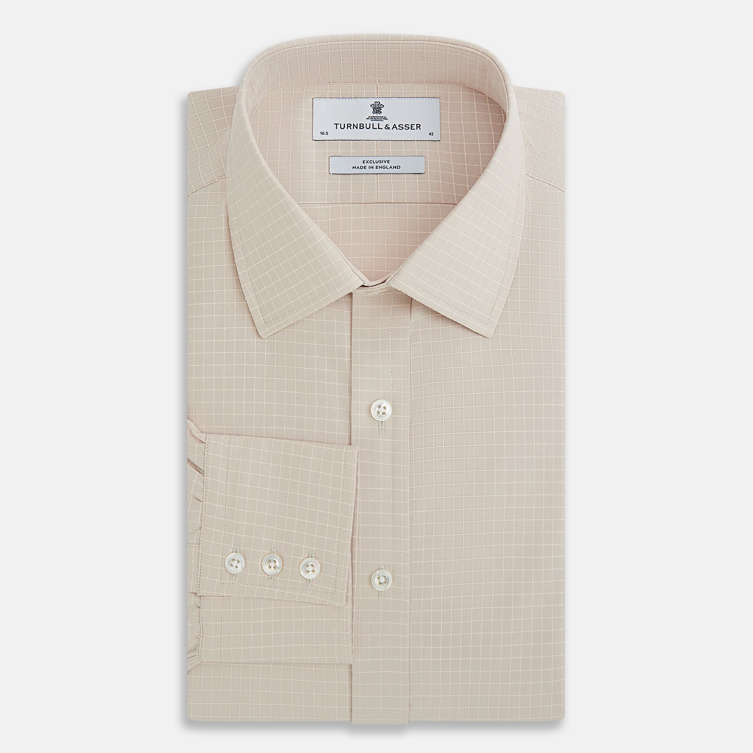 View 5 of product The Turnbull & Asser Pale Pink Fine Check Mayfair Shirt features long sleeves, a collared neckline, buttoned cuffs, and a subtle check pattern in sanforised cotton, displayed against a white background.