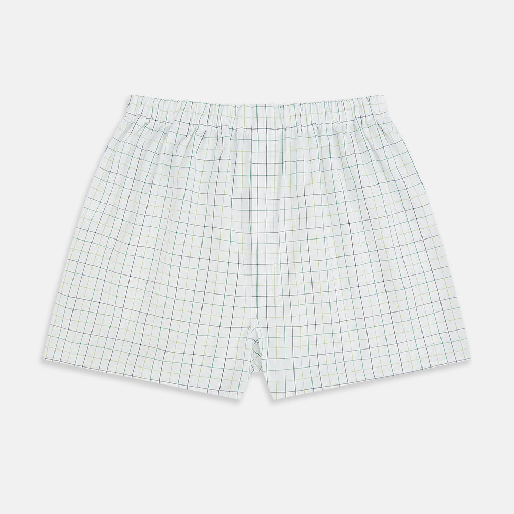 The Forest Green Grid Check Godfrey Boxer Shorts by Turnbull & Asser feature Italian cotton, an elastic waistband, and a green grid check pattern—laid flat on a white background for an elegant touch of everyday luxury.