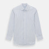 View 1 of product The Turnbull & Asser Blue Fine Multi Pinstripe Mayfair Shirt features long sleeves, an organic cotton build, a T&A collar, and vertical blue stripes. Laid neatly on a white background.