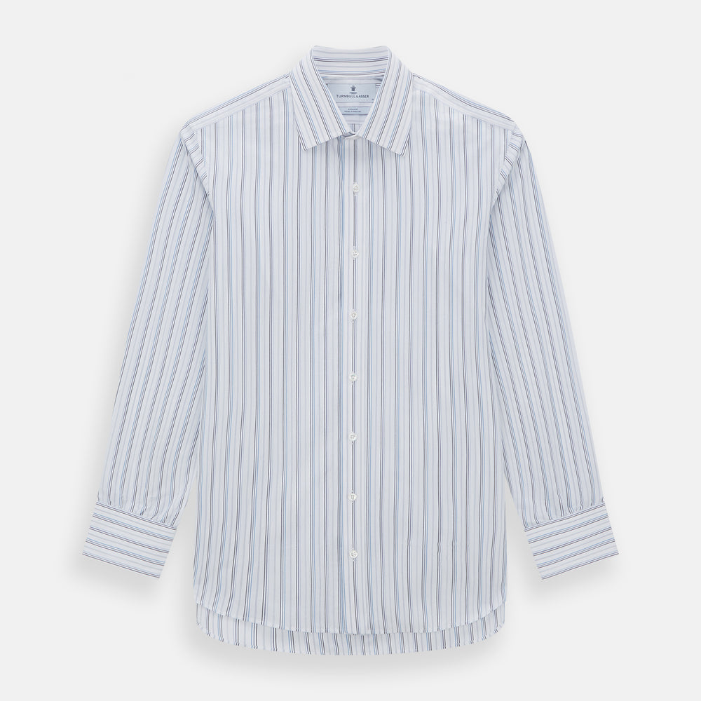 The Turnbull & Asser Blue Fine Multi Pinstripe Mayfair Shirt features long sleeves, an organic cotton build, a T&A collar, and vertical blue stripes. Laid neatly on a white background.