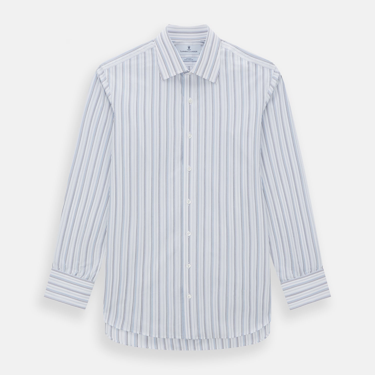 View 1 of product The Turnbull & Asser Blue Fine Multi Pinstripe Mayfair Shirt features long sleeves, an organic cotton build, a T&A collar, and vertical blue stripes. Laid neatly on a white background.