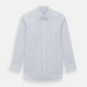 The Turnbull & Asser Blue Fine Multi Pinstripe Mayfair Shirt features long sleeves, an organic cotton build, a T&A collar, and vertical blue stripes. Laid neatly on a white background.