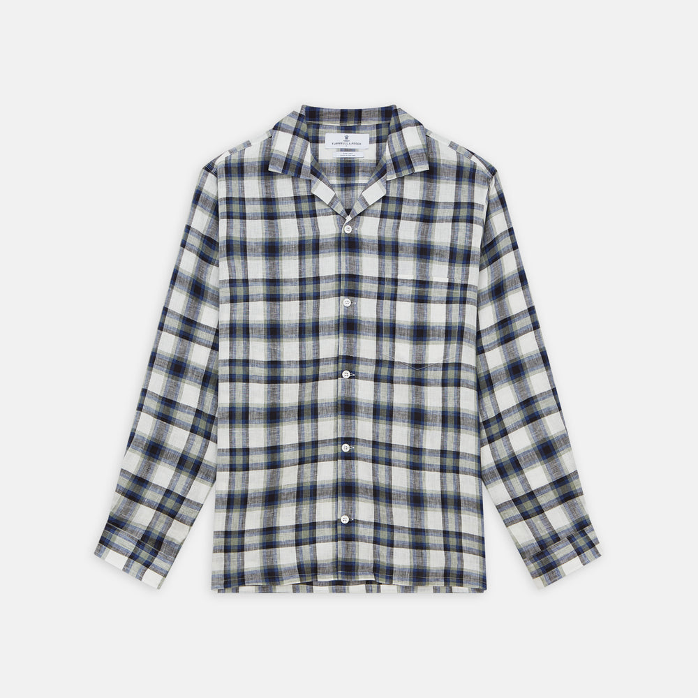 A Green Multi Check Linen Holiday Fit Winnington Shirt by Turnbull & Asser, featuring a check pattern and revere collar, displayed flat on a white background.
