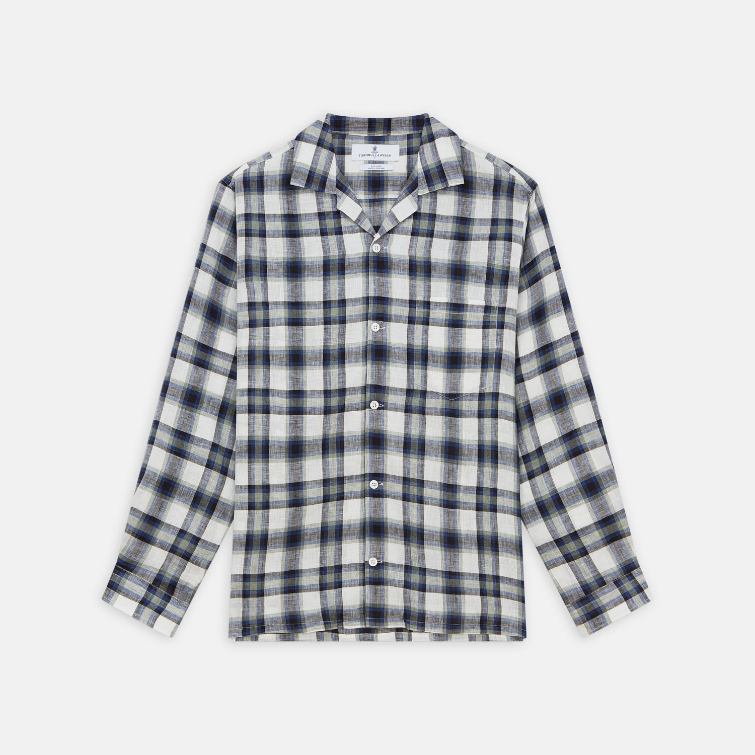 View 1 of product A Green Multi Check Linen Holiday Fit Winnington Shirt by Turnbull & Asser, featuring a check pattern and revere collar, displayed flat on a white background.