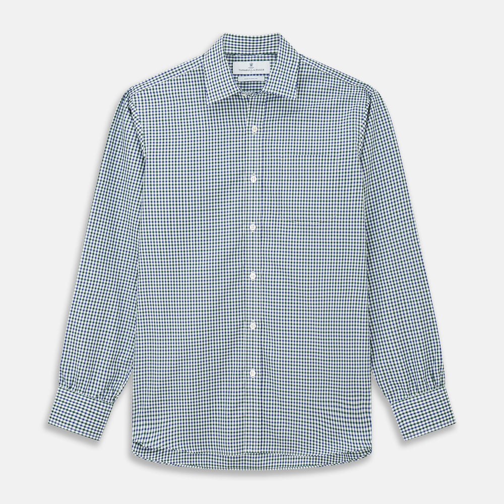 The Turnbull & Asser Green and Blue Cotton Multi Check Weekend Fit Finch Shirt features long sleeves, a pointed collar, and buttoned cuffs—perfect for versatile style. Laid flat on a white background.
