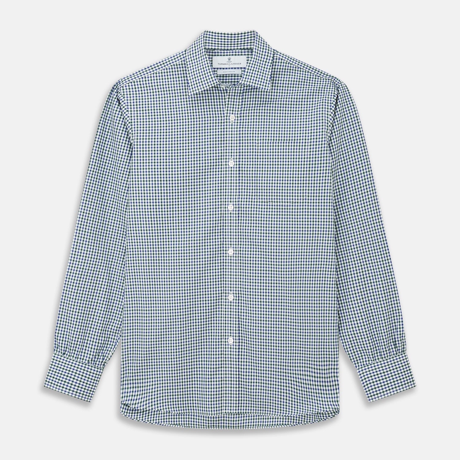 View 1 of product The Turnbull & Asser Green and Blue Cotton Multi Check Weekend Fit Finch Shirt features long sleeves, a pointed collar, and buttoned cuffs—perfect for versatile style. Laid flat on a white background.