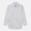 View 1 of product The Turnbull & Asser Blue Multi Check Regular Fit Cotton-Cashmere Shirt features a T&A collar, 3 button cuffs, and a white background with tonal blue and light brown checks—shown flat against a white background.