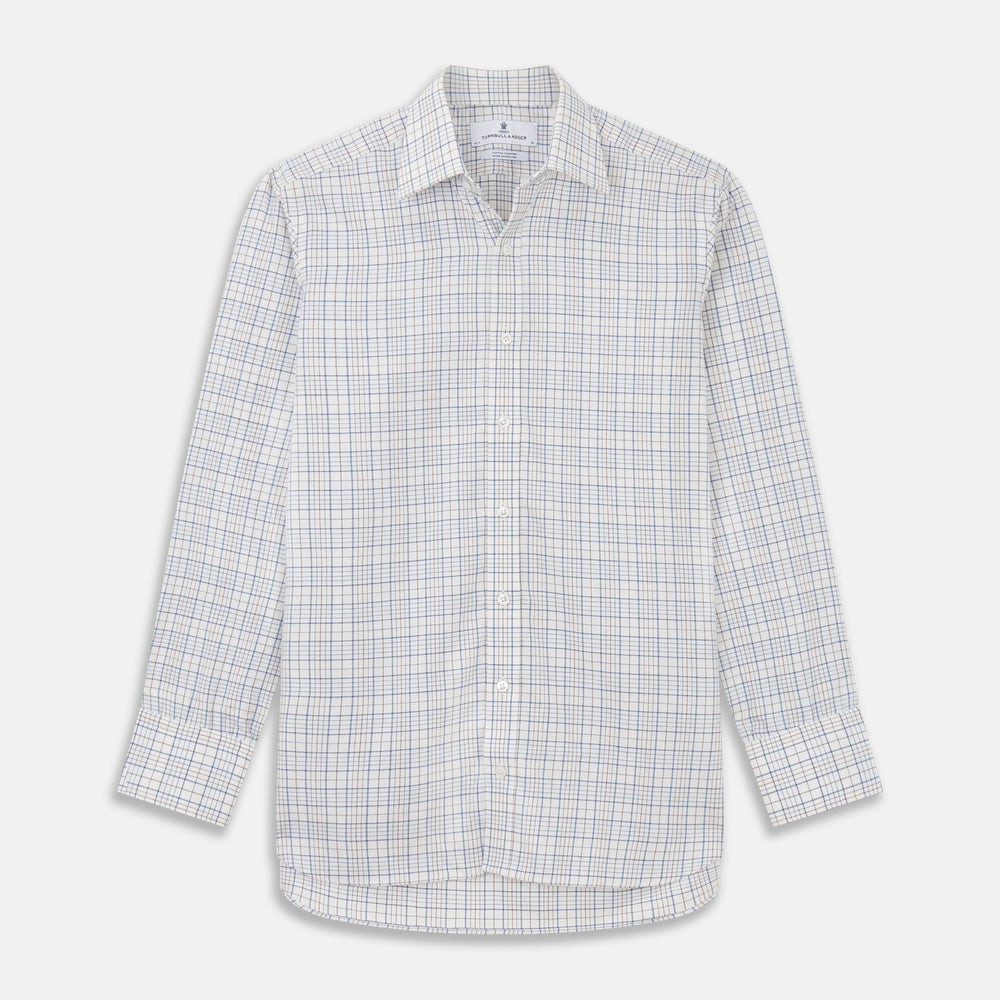 The Turnbull & Asser Blue Multi Check Regular Fit Cotton-Cashmere Shirt features a T&A collar, 3 button cuffs, and a white background with tonal blue and light brown checks—shown flat against a white background.