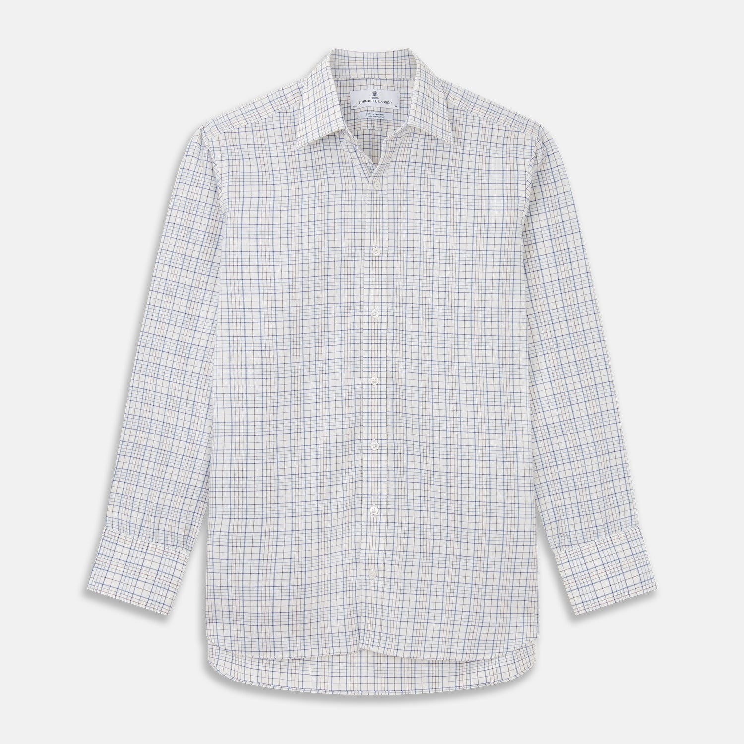 View 1 of product The Turnbull & Asser Blue Multi Check Regular Fit Cotton-Cashmere Shirt features a T&A collar, 3 button cuffs, and a white background with tonal blue and light brown checks—shown flat against a white background.