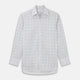 The Turnbull & Asser Blue Multi Check Regular Fit Cotton-Cashmere Shirt features a T&A collar, 3 button cuffs, and a white background with tonal blue and light brown checks—shown flat against a white background.
