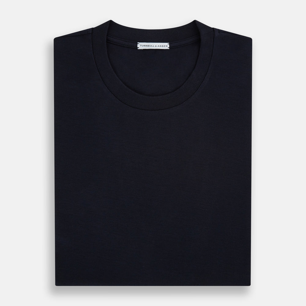 A versatile, high-quality navy short-sleeve t-shirt by Turnbull & Asser, featuring a classic crew neckline, laid flat on a white background.